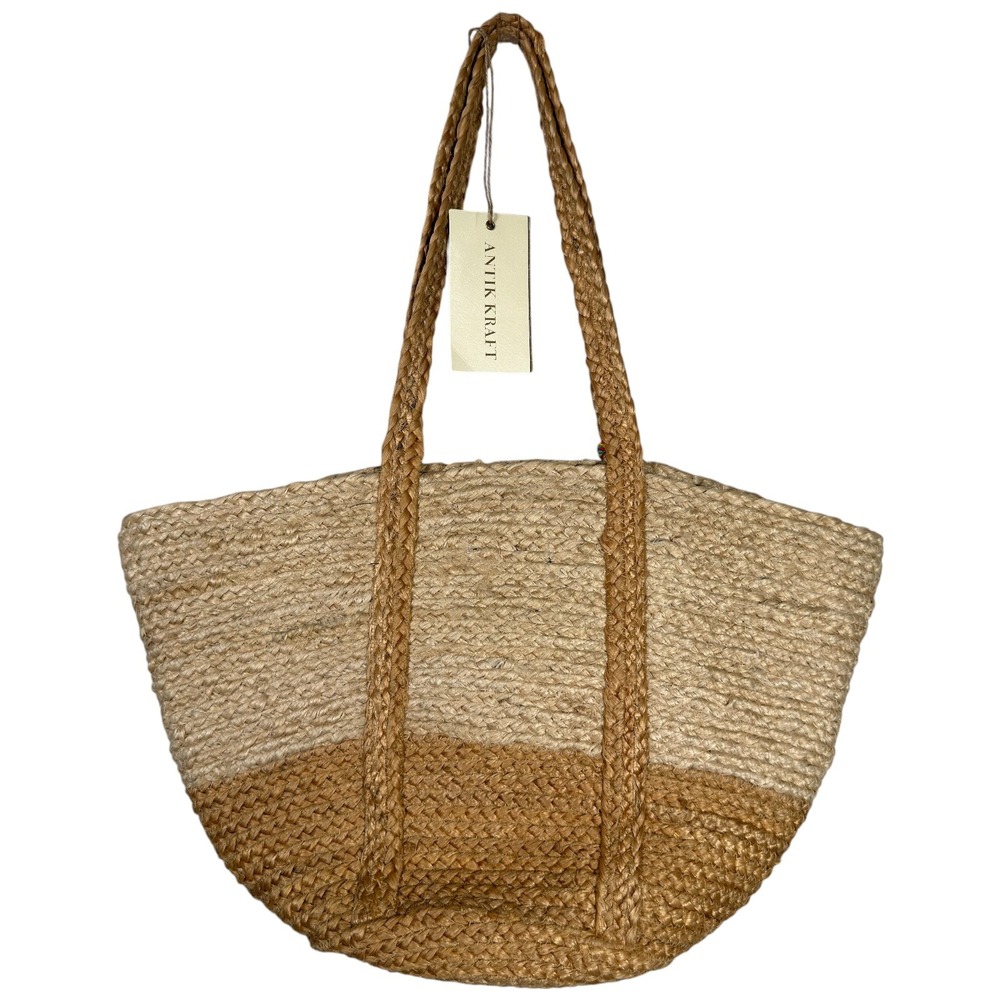 ANTIK KRAFT 100% Jute Color Block Tote Bag Ivory Natural Tassel NWT India - Picture 3 of 8